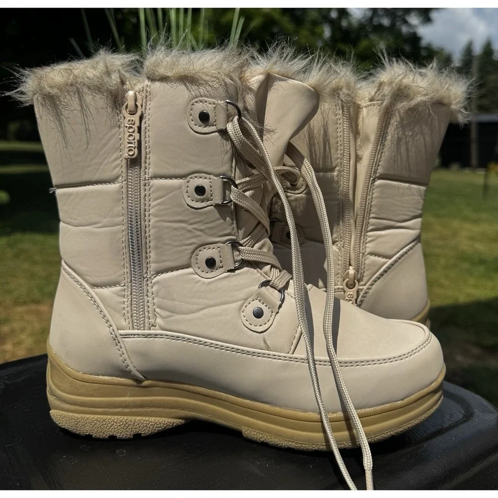 Sporto Kids Size 9 Winter Snow Boots Beige Faux Fur Lace Up Side Zip